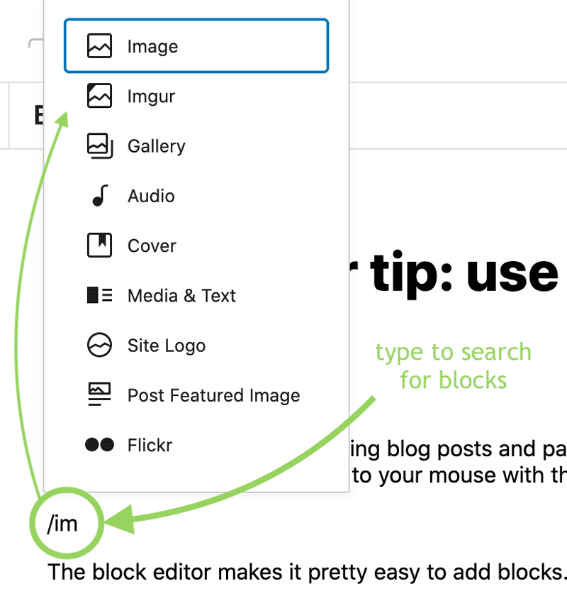 start typing to search for blocks